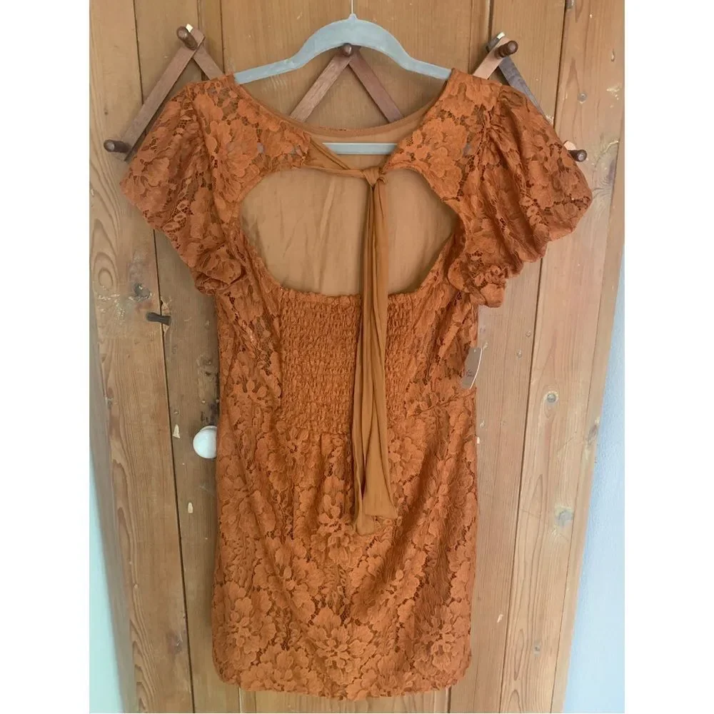 Free People Hailie open back short puff sleeve lace mini dress NWT - Picture 5 of 13